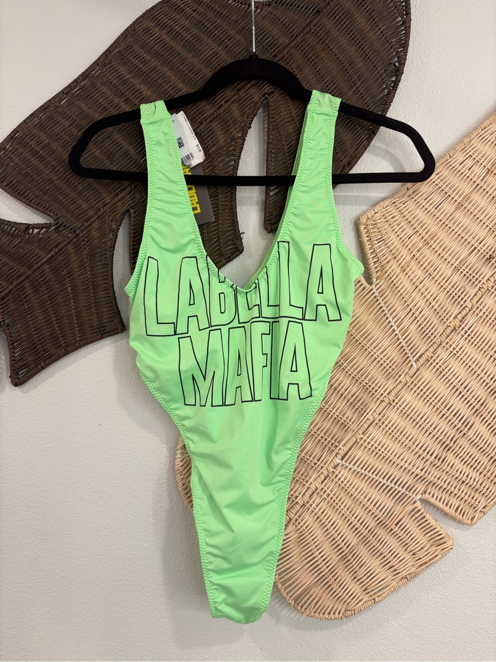 Labella Mafia Size S Lime Green Thong Graphic One-Piece Swimsuit
